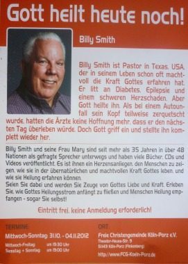 Gott heilt heute noch! Billy Smith Heilungsgottesdienst, besonderer Gottesdienst, Köln, Nordrhein-Westfalen